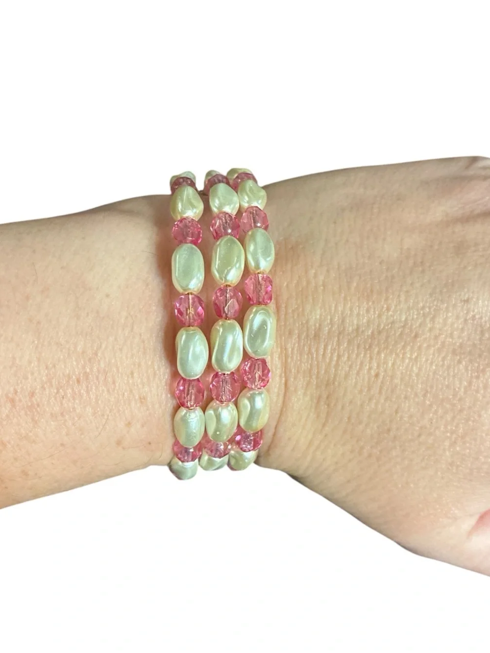 Pink and Pearl Beaded Wire Bracelet
